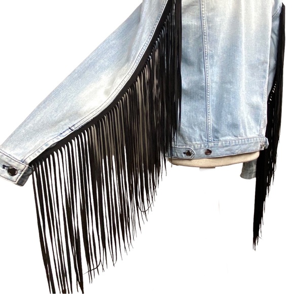 BLK DNM  Blue Denim Black Fringe Jean Jacket Size Small - Picture 9 of 16